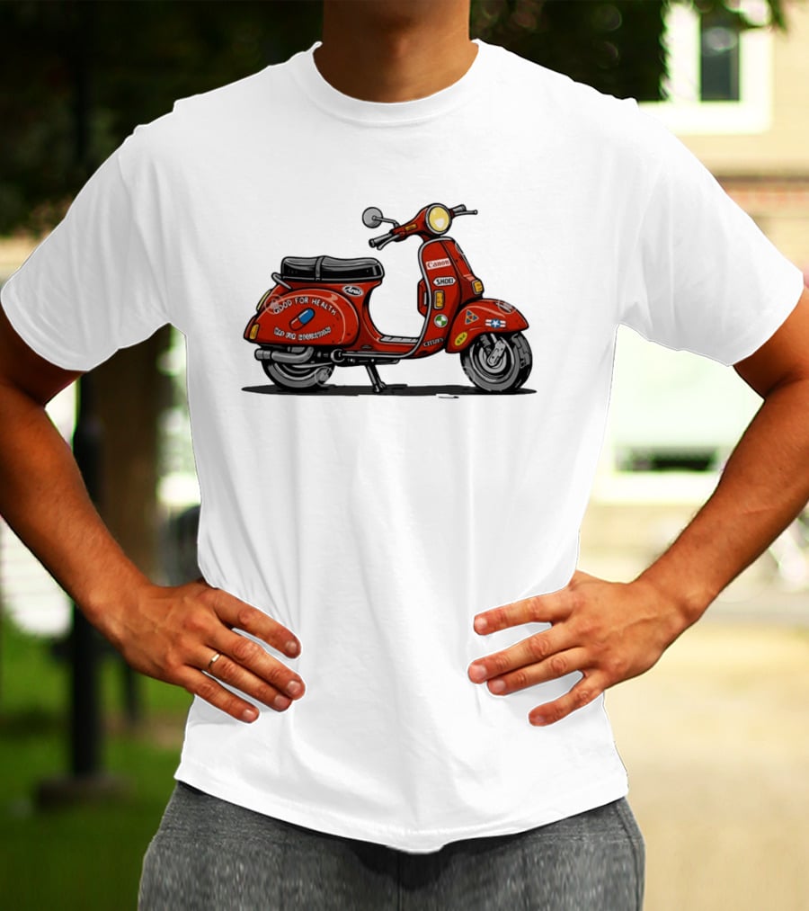 Kaneda's Vespa With Good For Health Sticker Citizen And Canon Shoei Arai Logos T-Shirt
