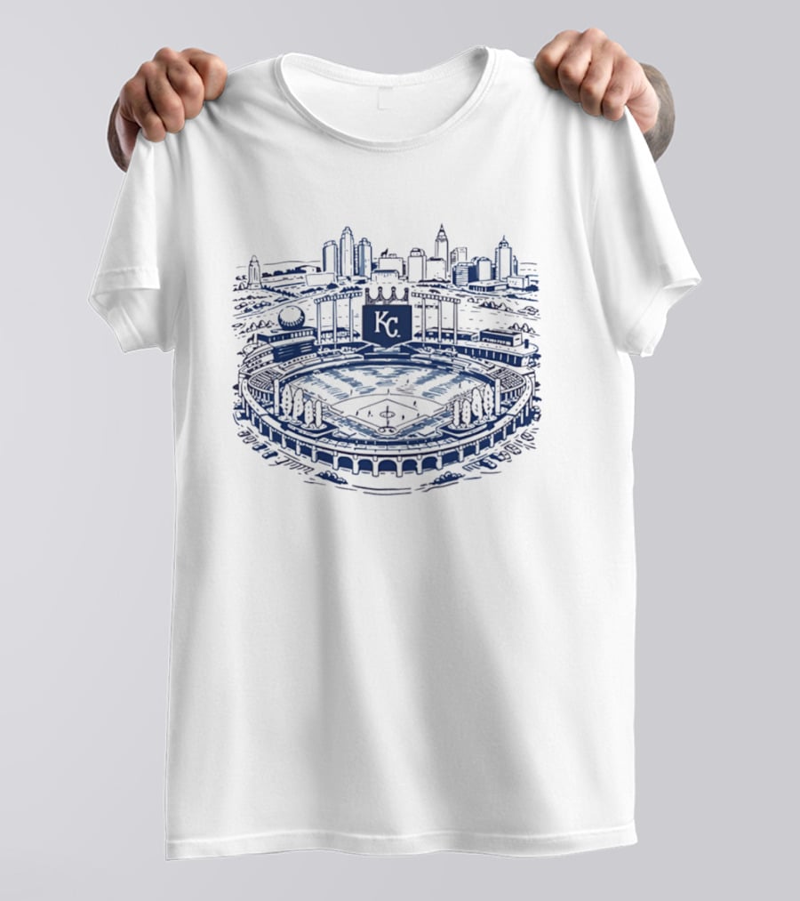 Kansas City Royals Kauffman Stadium Skyline Art Baseball Scene T-Shirt