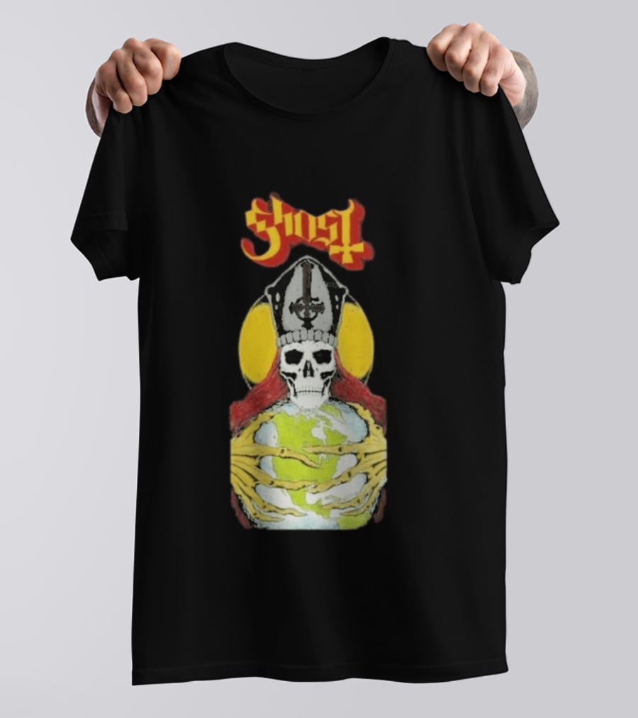 Ghost Skeleton Bishop Holding Earth Iconic Twisted Thread Ceremony T-Shirt