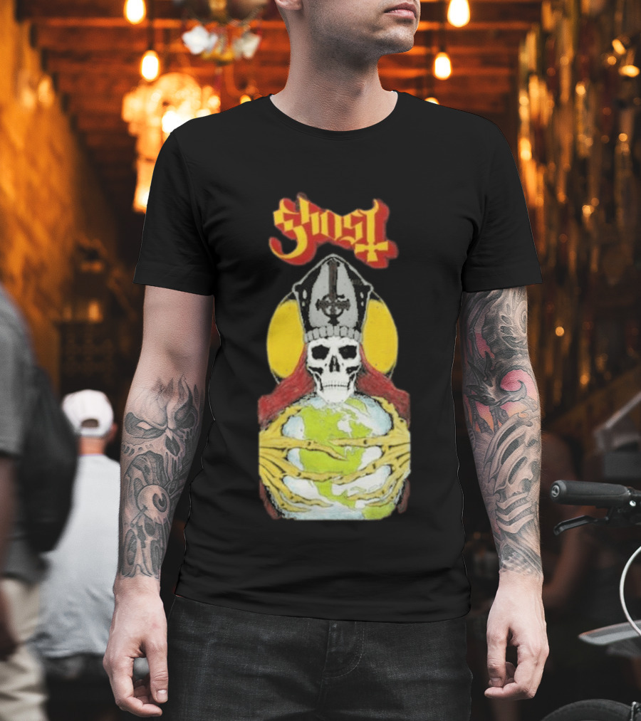 Ghost Skeleton Bishop Holding Earth Iconic Twisted Thread Ceremony T-Shirt
