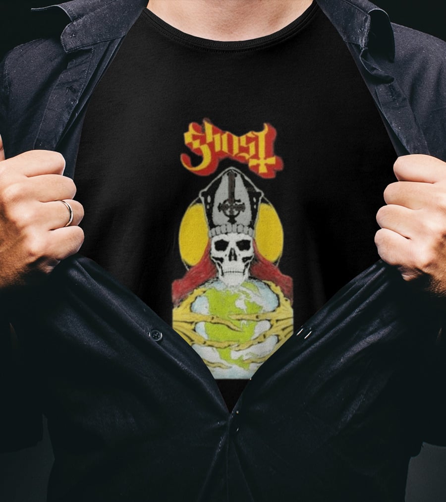 Ghost Skeleton Bishop Holding Earth Iconic Twisted Thread Ceremony T-Shirt