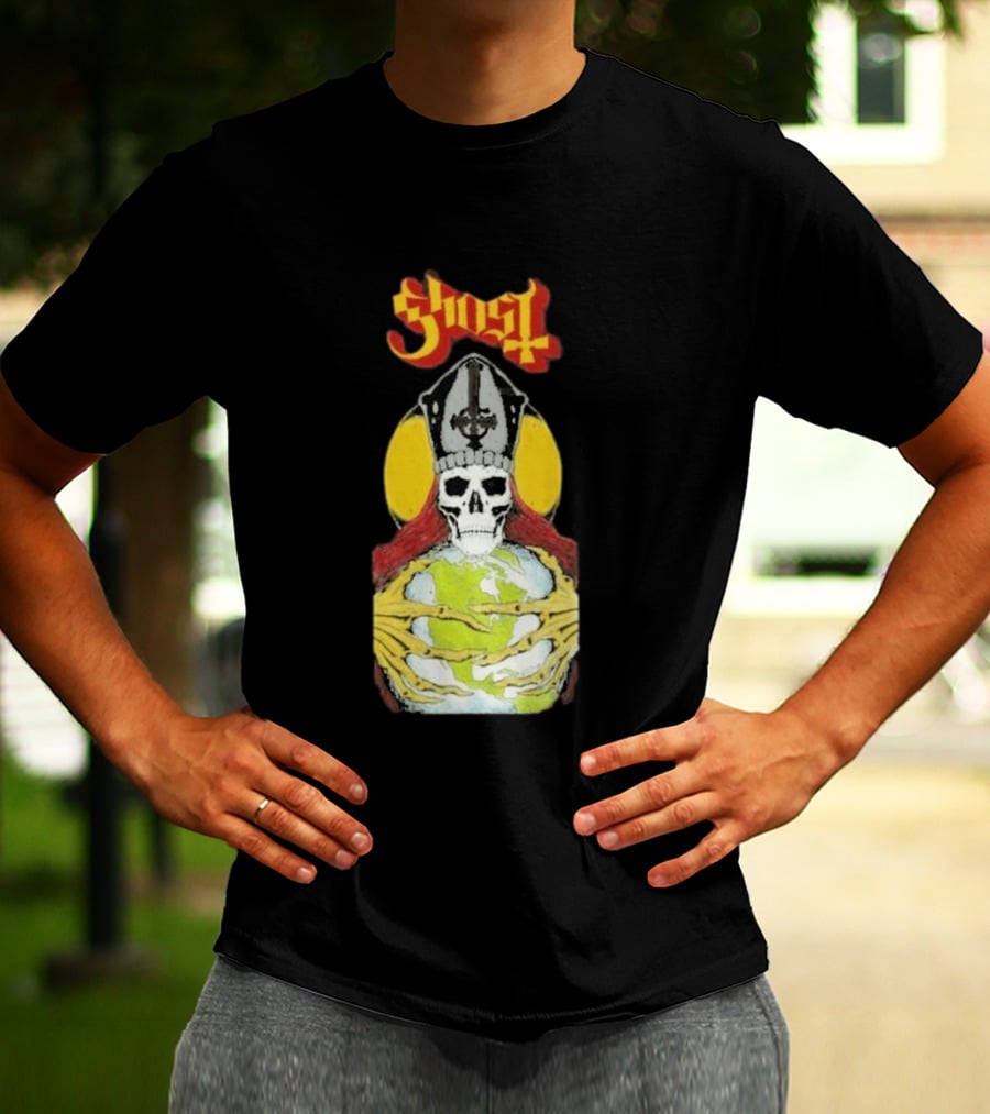 Ghost Skeleton Bishop Holding Earth Iconic Twisted Thread Ceremony T-Shirt