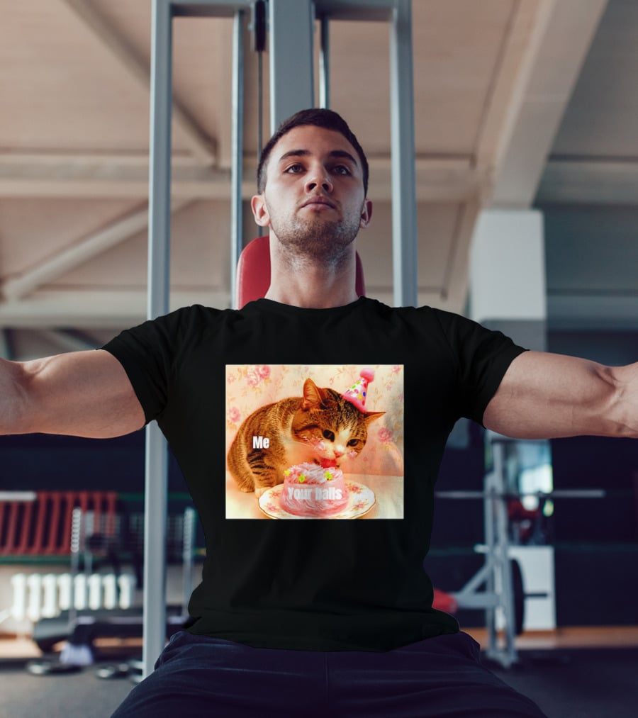 Me Your Balls Cat Eating Cake Party Hat T-Shirt