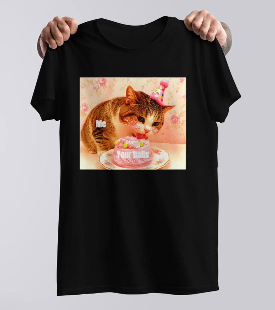 Me Your Balls Cat Eating Cake Party Hat T-Shirt
