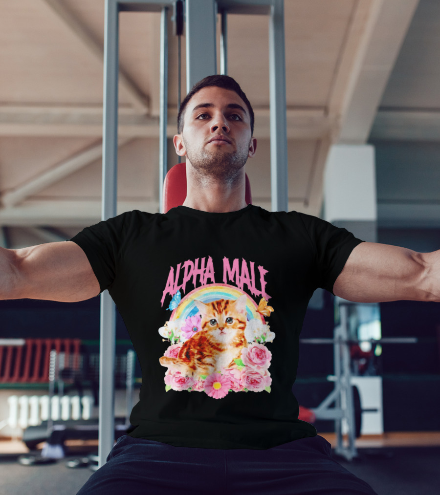 Alpha Male Kitten Rainbow Butterfly Floral Roses T-Shirt