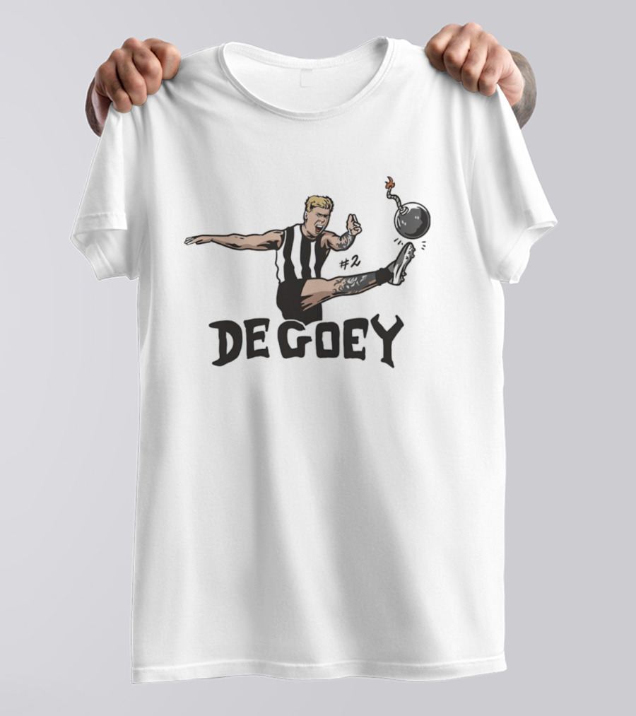 Jordan De Goey Number 2 Kicking Bomb Collingwood Magpies T-Shirt