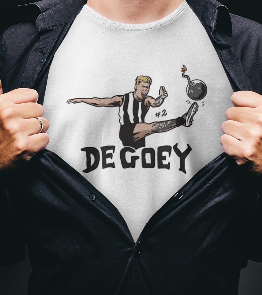 Jordan De Goey Number 2 Kicking Bomb Collingwood Magpies T-Shirt