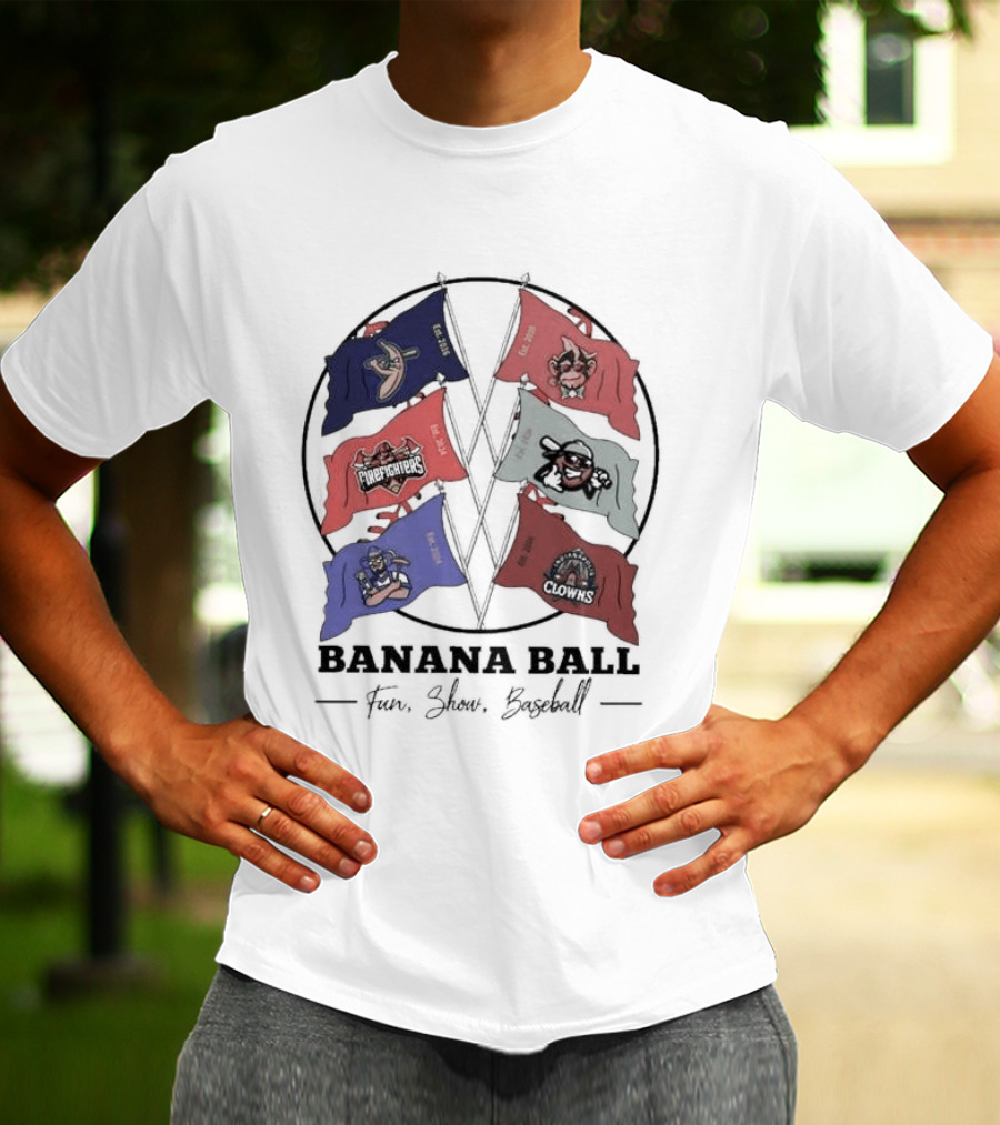 Banana Ball Fun Show Baseball Red And Blue Flags 2026 T-Shirt