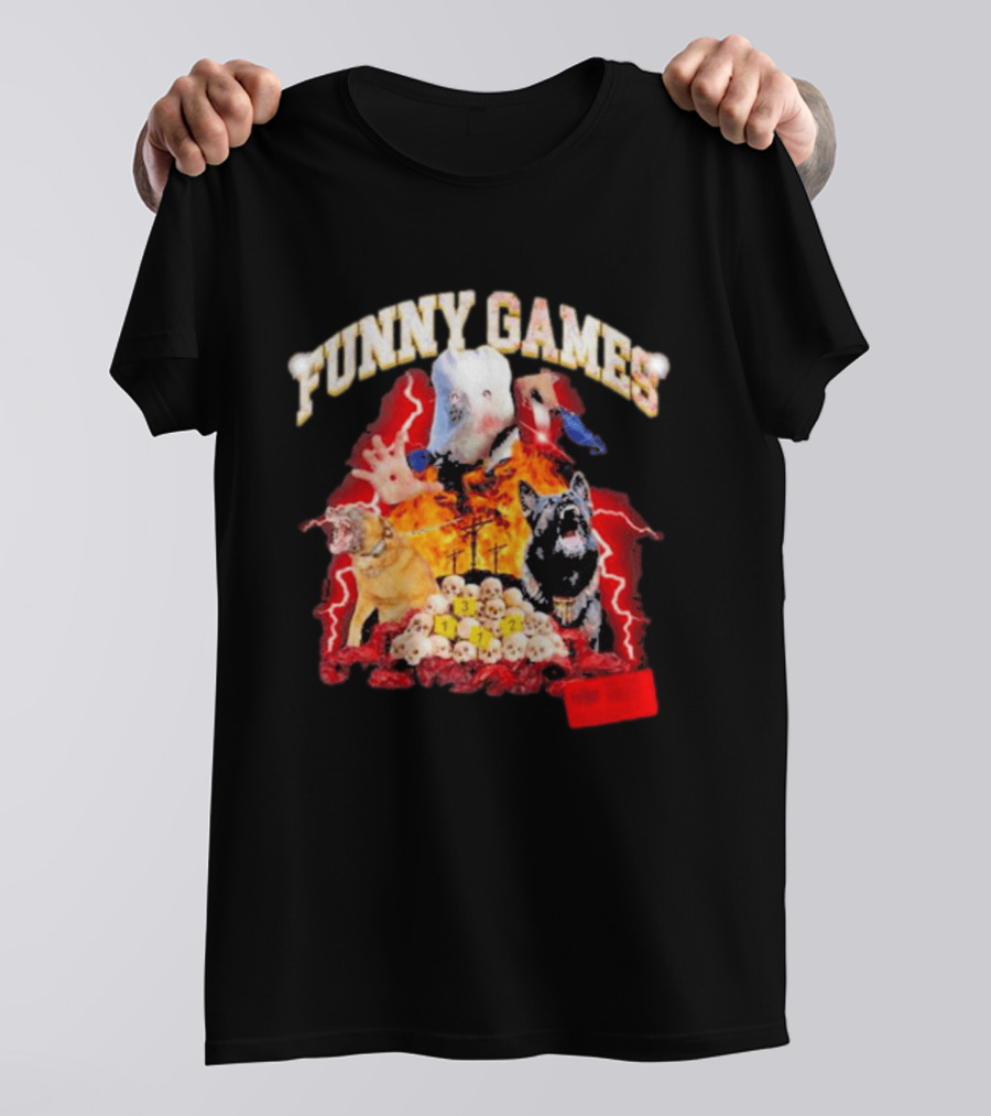 Funny Games Dog Skull Pile Fire Chaos T-Shirt