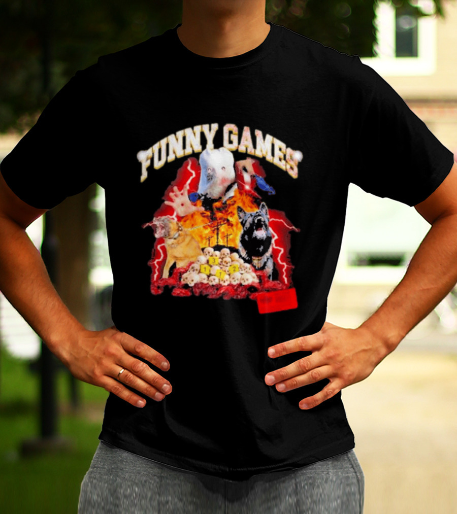 Funny Games Dog Skull Pile Fire Chaos T-Shirt