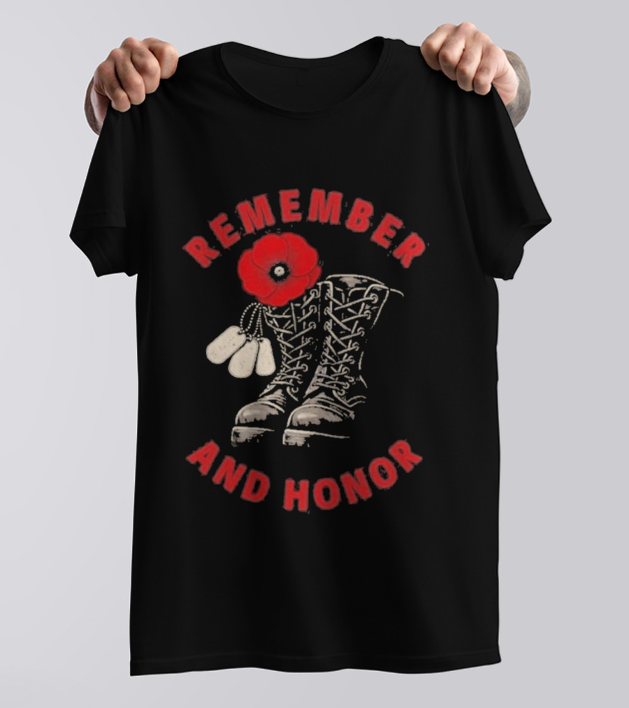 Memorial Day Remember And Honor Poppy Flower Military Boots T-Shirt