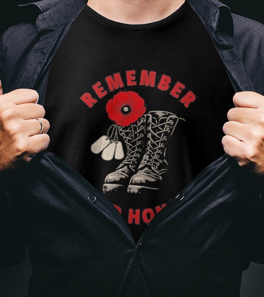 Memorial Day Remember And Honor Poppy Flower Military Boots T-Shirt