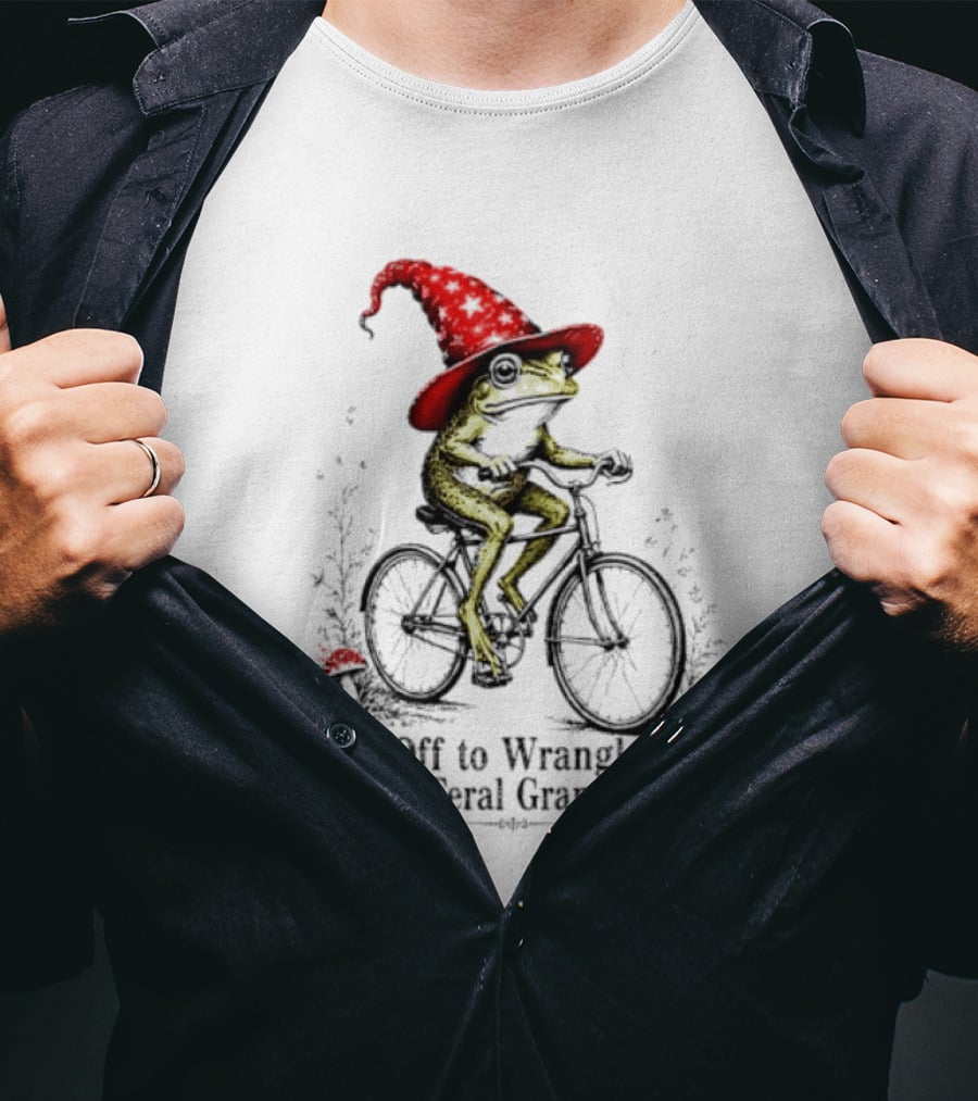 Off To Wrangle My Feral Grandkids Wizard Frog On Bicycle With Red Hat T-Shirt