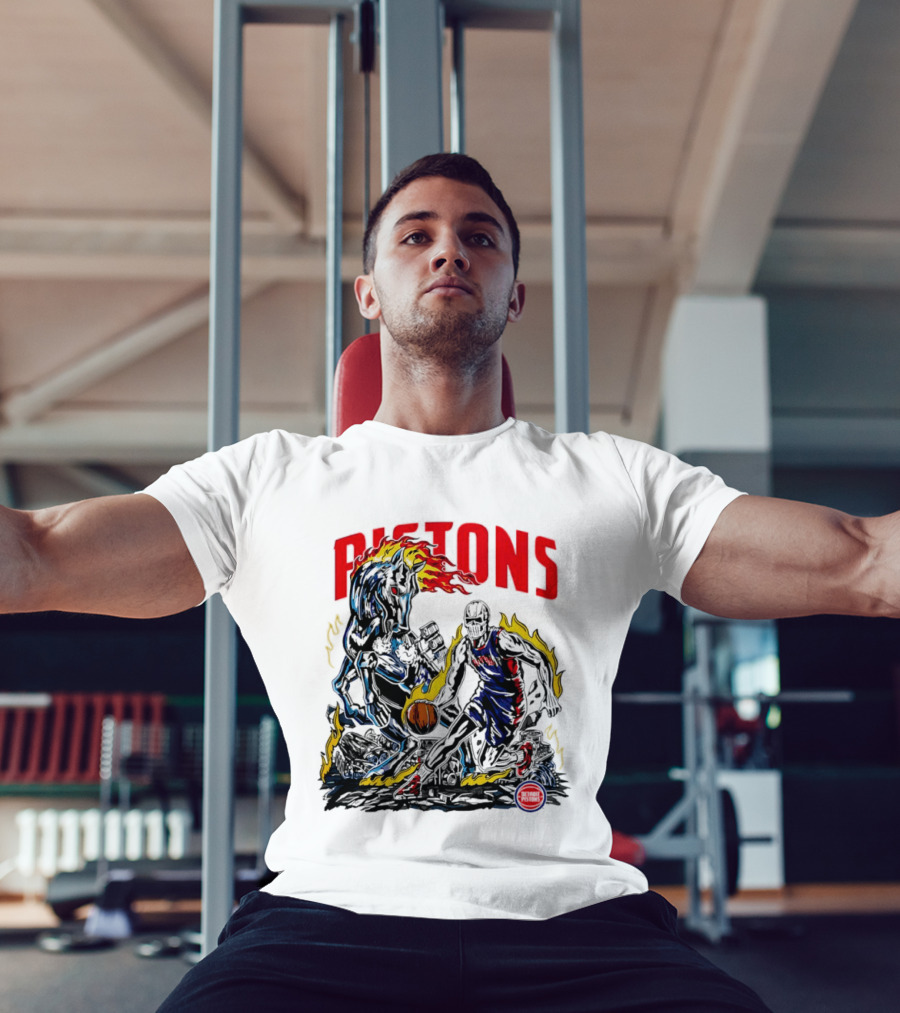 Detroit Pistons Skull Basketball Horse Flames Robot T-Shirt