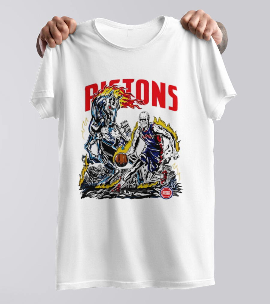 Detroit Pistons Skull Basketball Horse Flames Robot T-Shirt