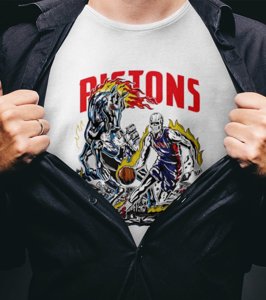 Detroit Pistons Skull Basketball Horse Flames Robot T-Shirt