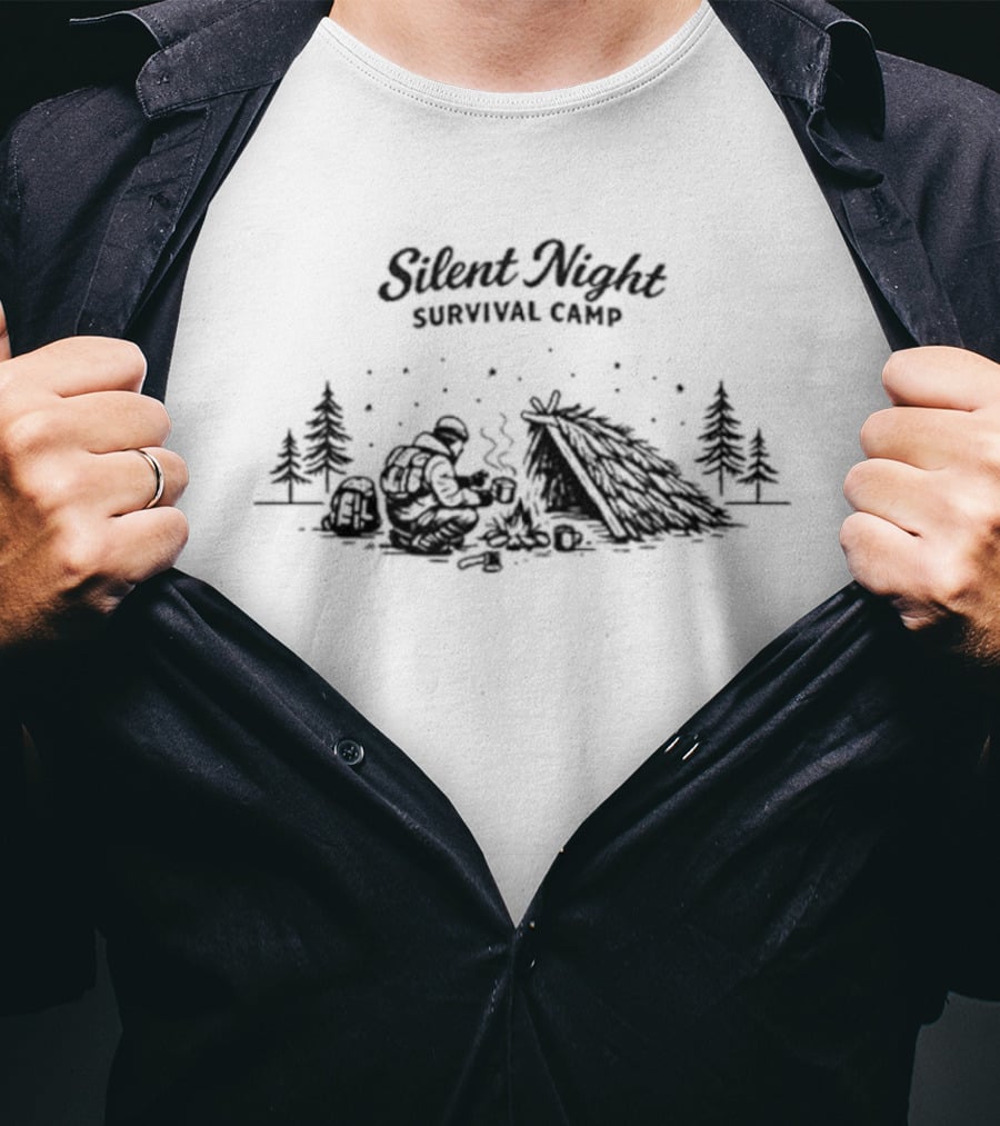 Silent Night Survival Camp Winter Wilderness Scene T-Shirt