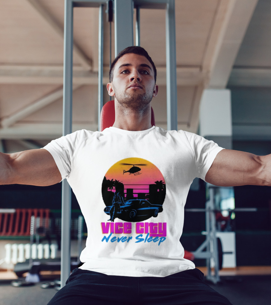 Vice City Never Sleep 80s Sunset Car Helicopter T-Shirt