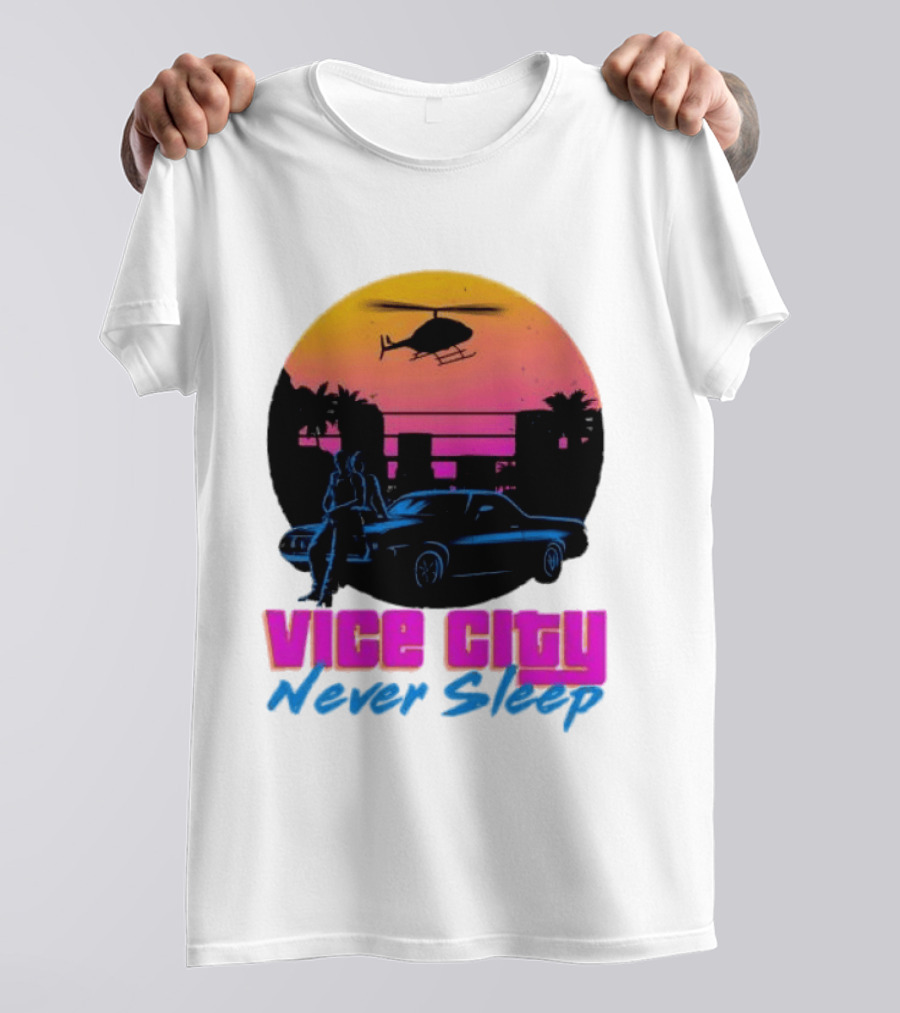Vice City Never Sleep 80s Sunset Car Helicopter T-Shirt