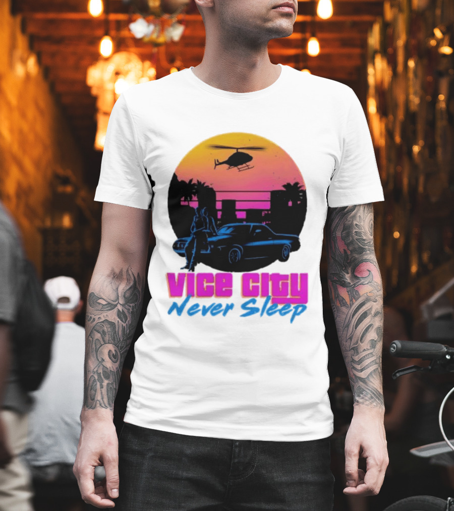 Vice City Never Sleep 80s Sunset Car Helicopter T-Shirt