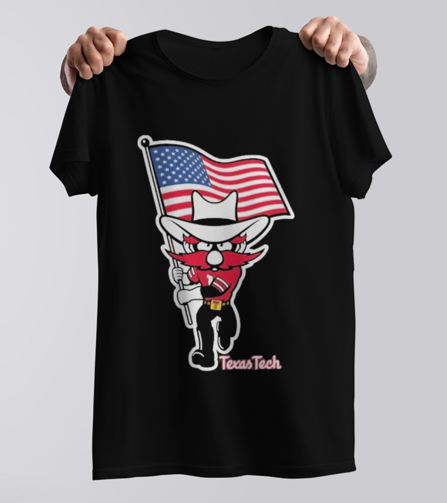 Texas Tech Red Raider Holding American Flag Sticker T-Shirt