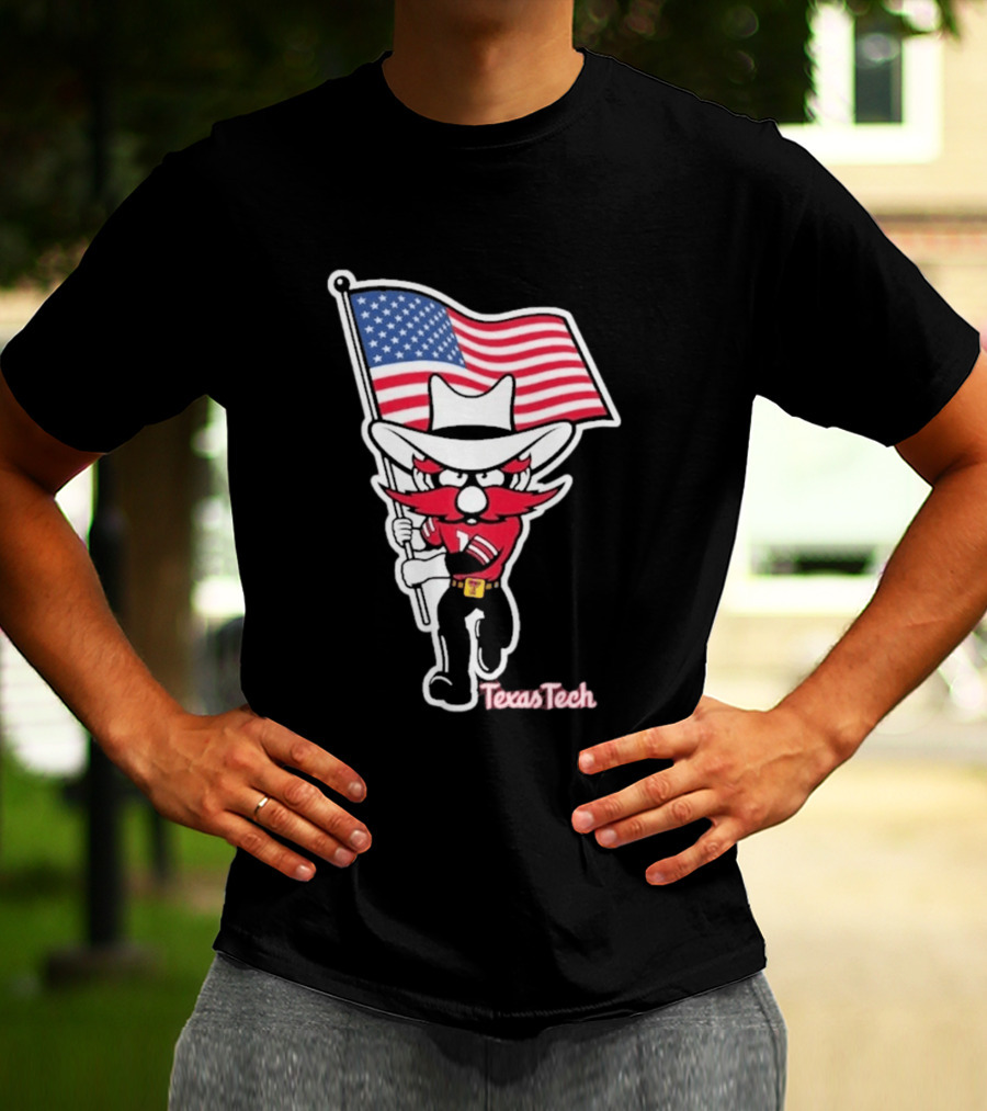 Texas Tech Red Raider Holding American Flag Sticker T-Shirt