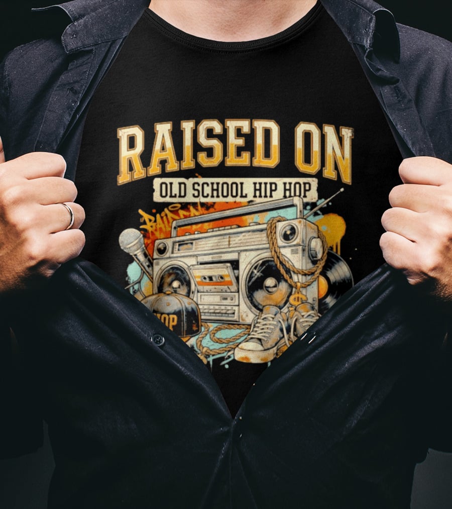 Raised On Old School Hip Hop Boombox Sneakers Microphone Cap Vinyl T-Shirt
