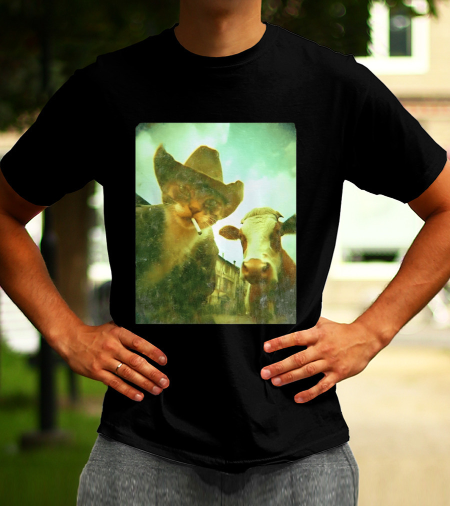 Cowboy Cat Smoking With Cow T-Shirt