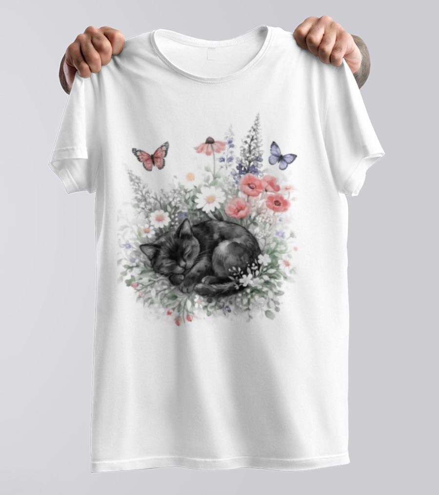 Black Cat Surrounded By Vibrant Flowers And Butterflies T-Shirt