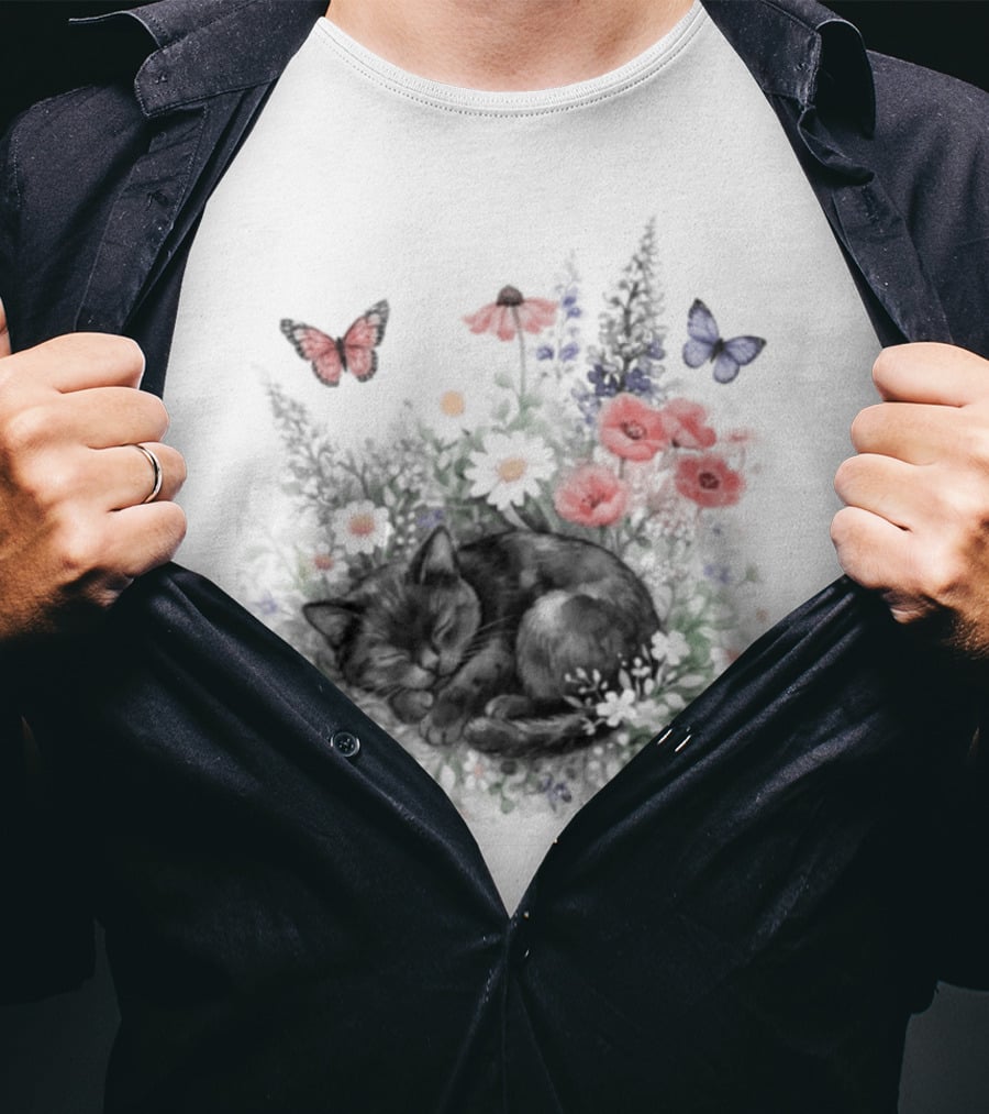 Black Cat Surrounded By Vibrant Flowers And Butterflies T-Shirt