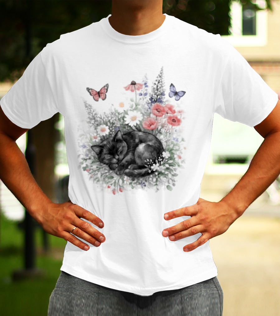 Black Cat Surrounded By Vibrant Flowers And Butterflies T-Shirt