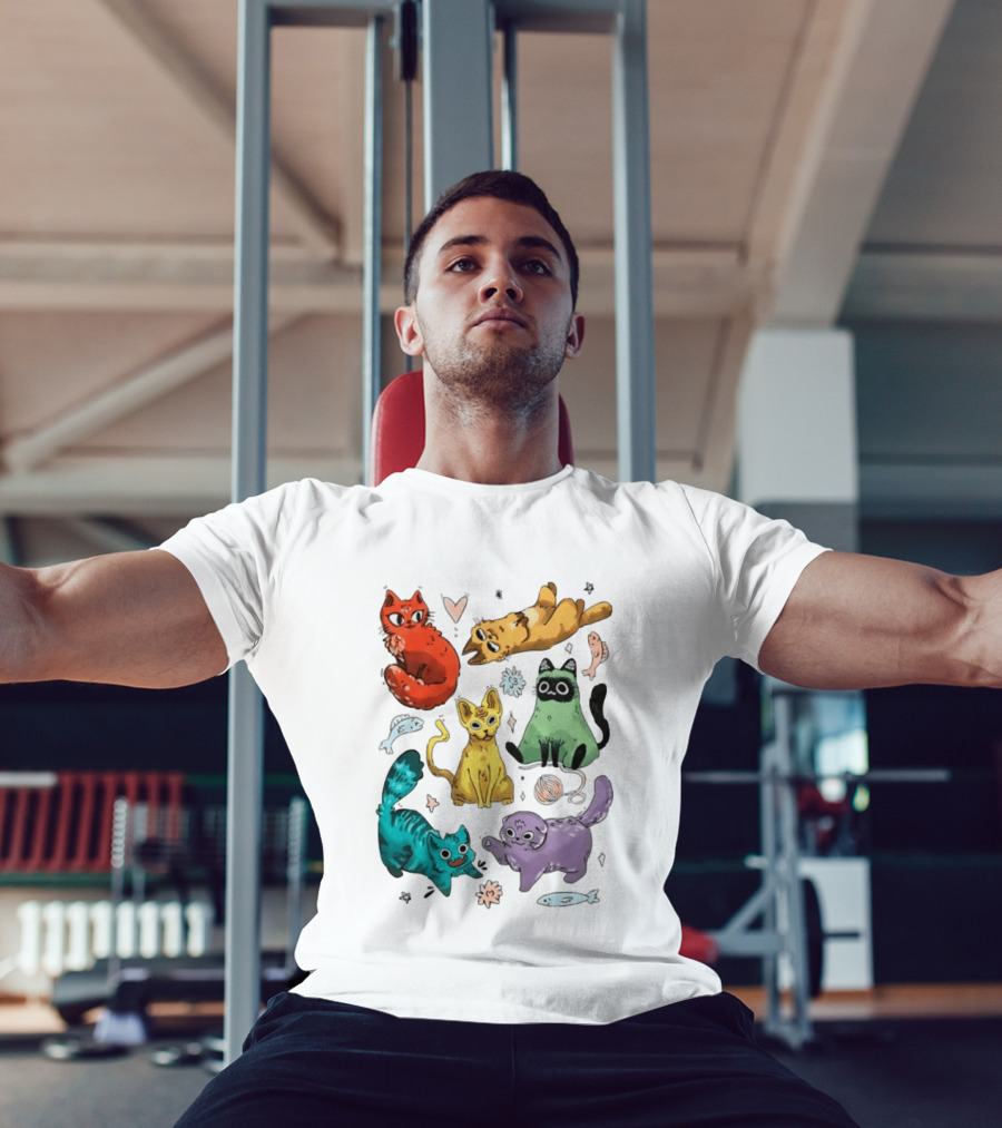 Whimsical Colorful Cats And Rainbow Hearts Collage T-Shirt