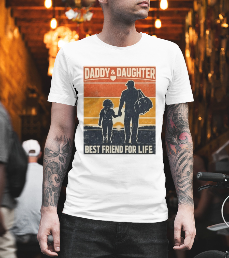 Daddy & Daughter Best Friend For Life Baseball Softball Silhouette Retro Sunset T-Shirt