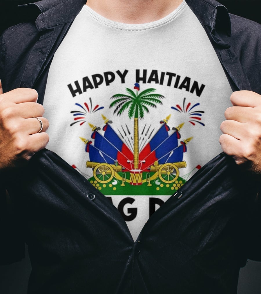 Happy Haitian Flag Day Coat Of Arms Palm Tree Cannons Fireworks Celebration T-Shirt