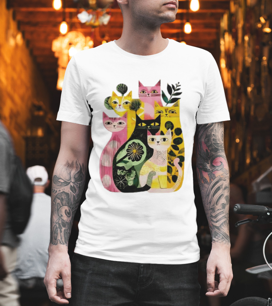Vibrant Stylized Cats Botanical Foliage Whimsical T-Shirt