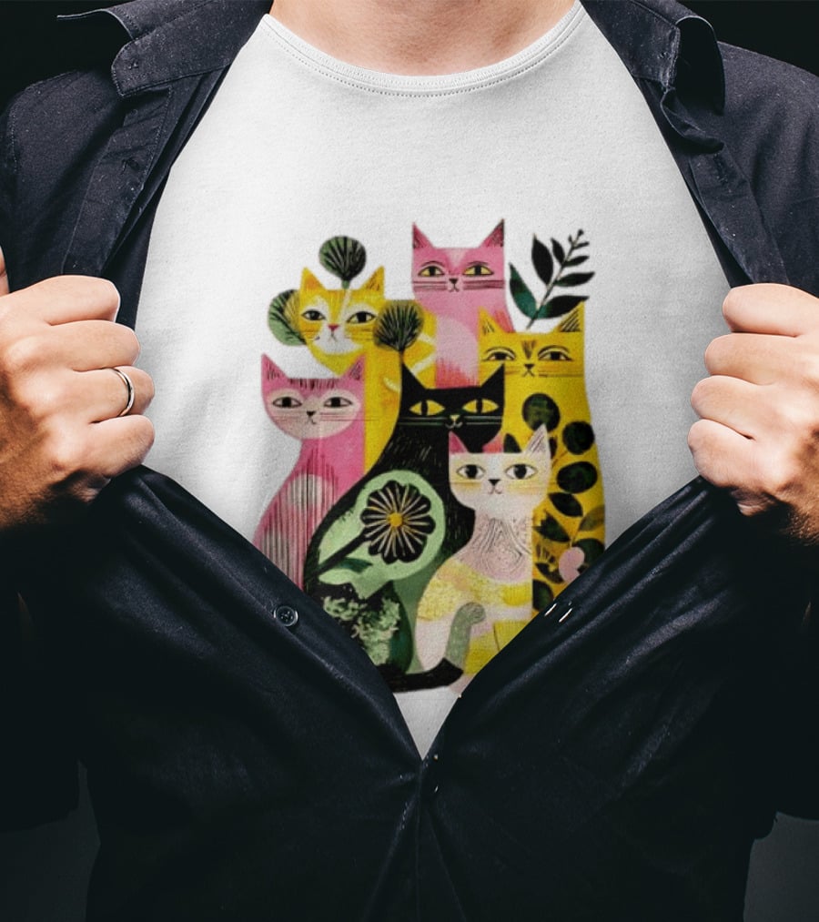 Vibrant Stylized Cats Botanical Foliage Whimsical T-Shirt