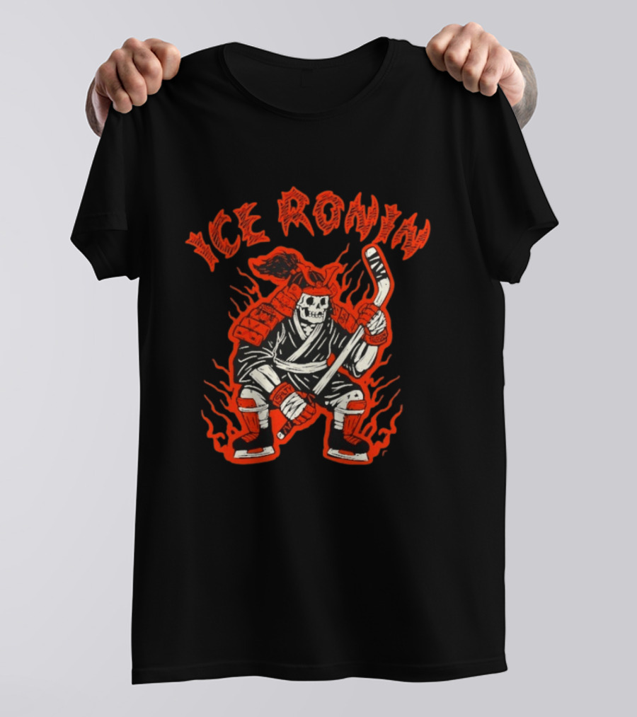 Ice Ronin Samurai Skull Hockey Stick Flames T-Shirt