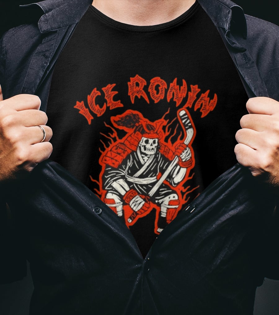 Ice Ronin Samurai Skull Hockey Stick Flames T-Shirt