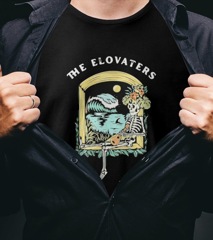 The Elovaters Endless Summer Skeleton Surfing Ukulele Moonlight Scene T-Shirt