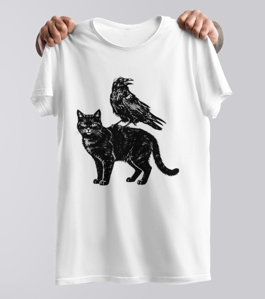 Black Cat And Raven Silhouette Duo T-Shirt