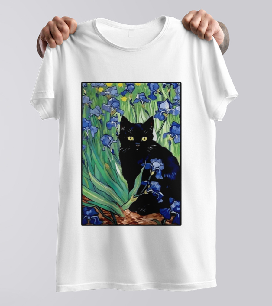 Black Cat With Van Gogh Irises Painting T-Shirt