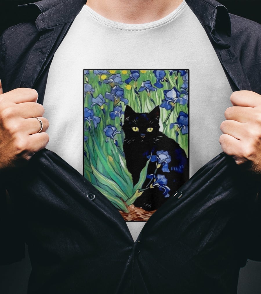 Black Cat With Van Gogh Irises Painting T-Shirt
