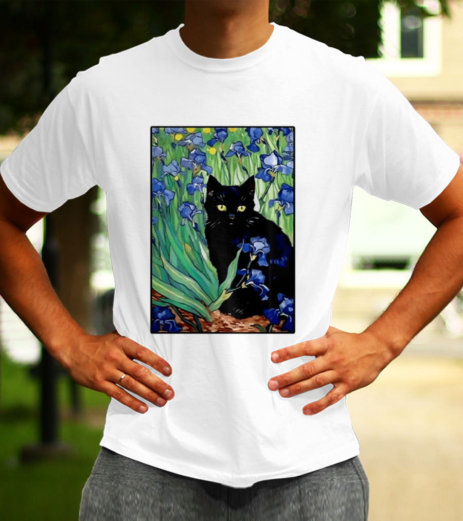 Black Cat With Van Gogh Irises Painting T-Shirt