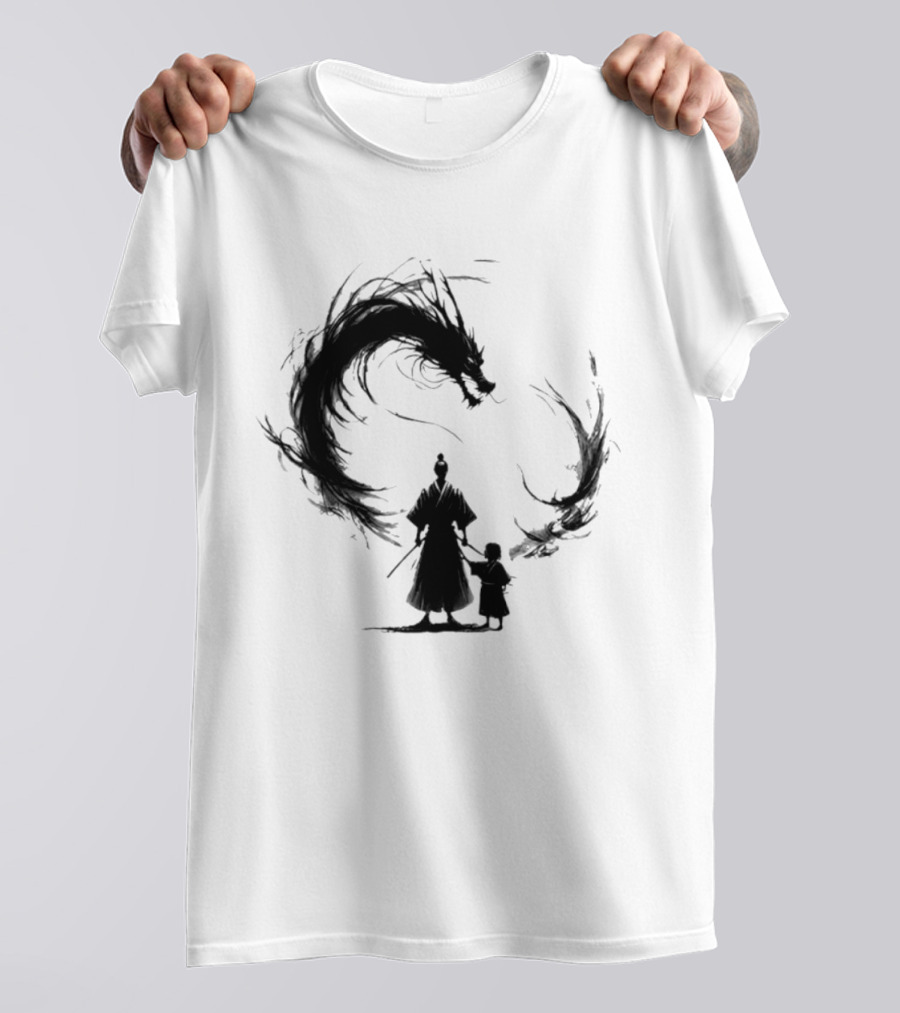 Samurai And Son With Black Dragon Circle T-Shirt