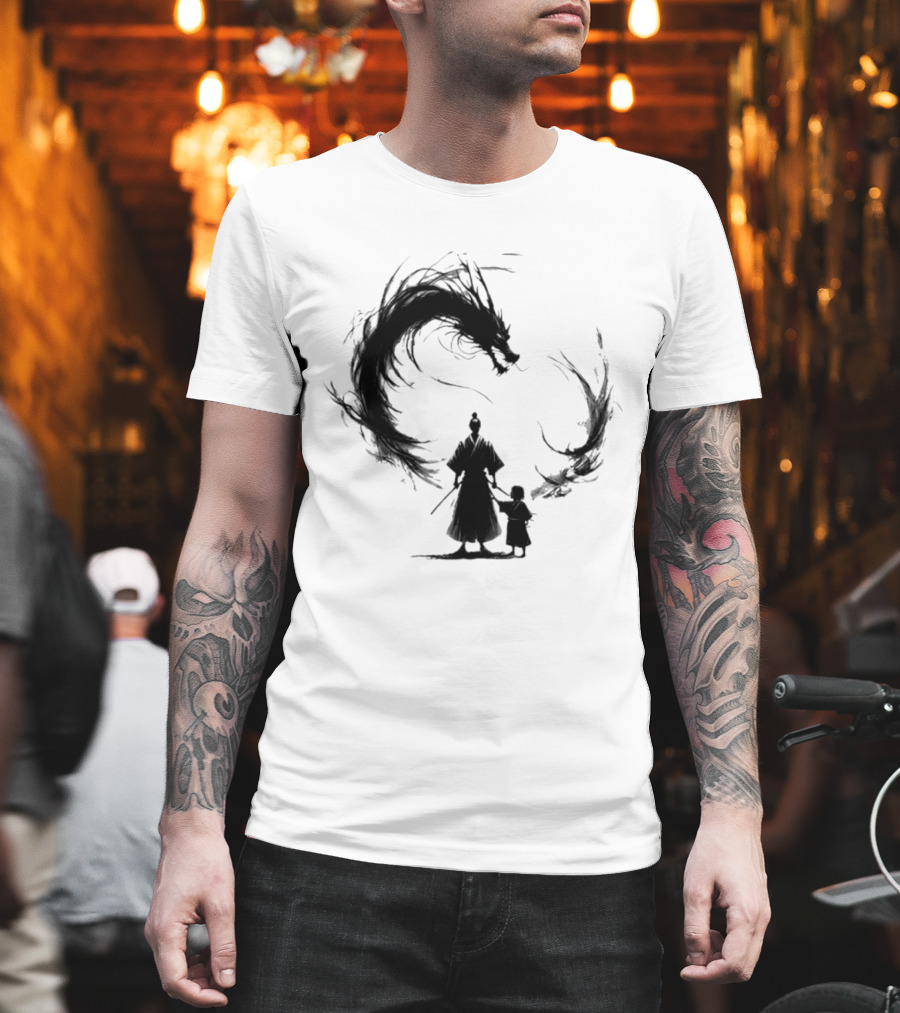 Samurai And Son With Black Dragon Circle T-Shirt