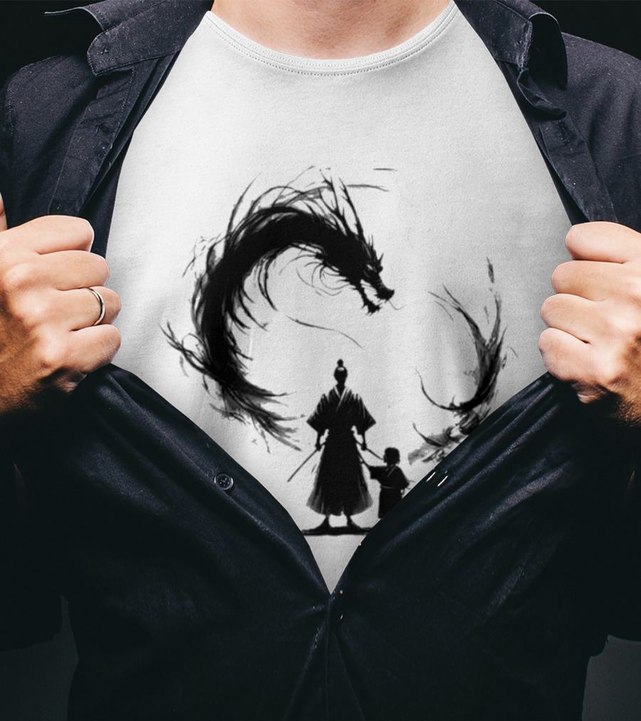 Samurai And Son With Black Dragon Circle T-Shirt