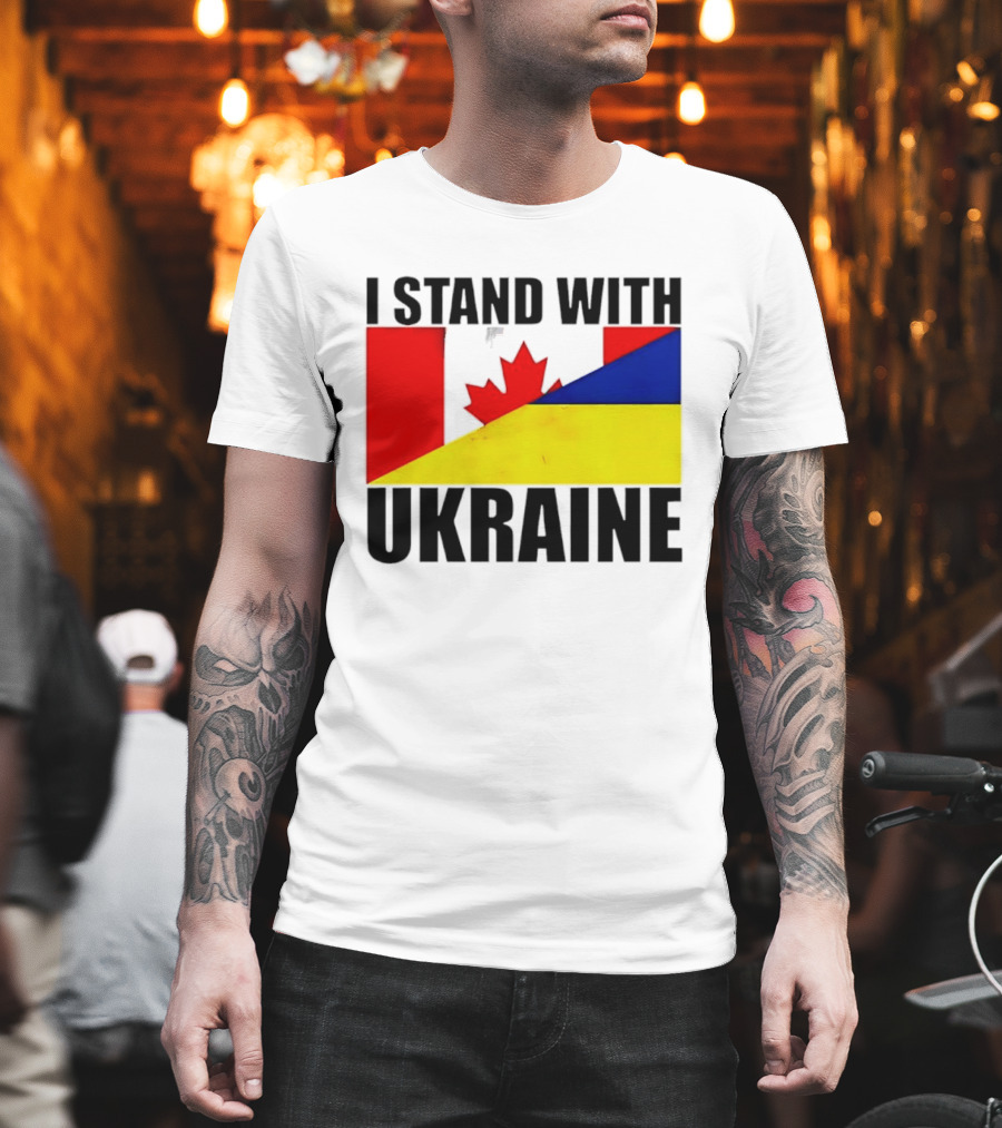 I Stand With Ukraine Canada Flag Maple Leaf Yellow Blue T-Shirt