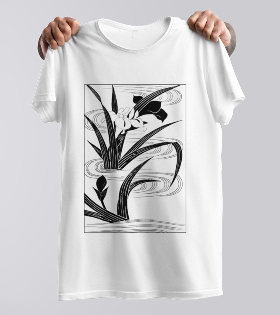 Japanese Black And White Irises In Water With Flowing Waves T-Shirt