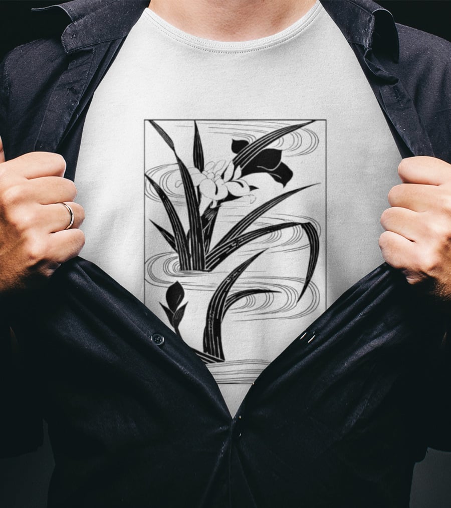 Japanese Black And White Irises In Water With Flowing Waves T-Shirt