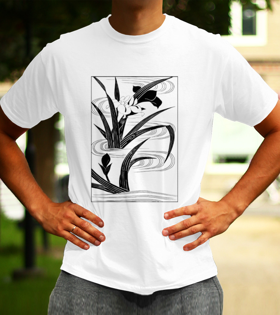 Japanese Black And White Irises In Water With Flowing Waves T-Shirt